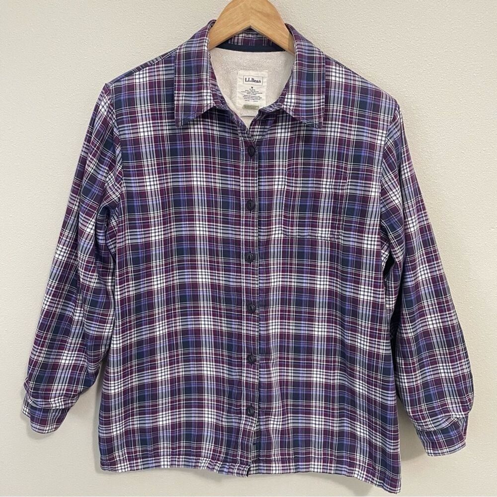 LL Bean Women M Fleece Lined Flannel Shirt Jacket Purple Plaid Gorpcore Shacket